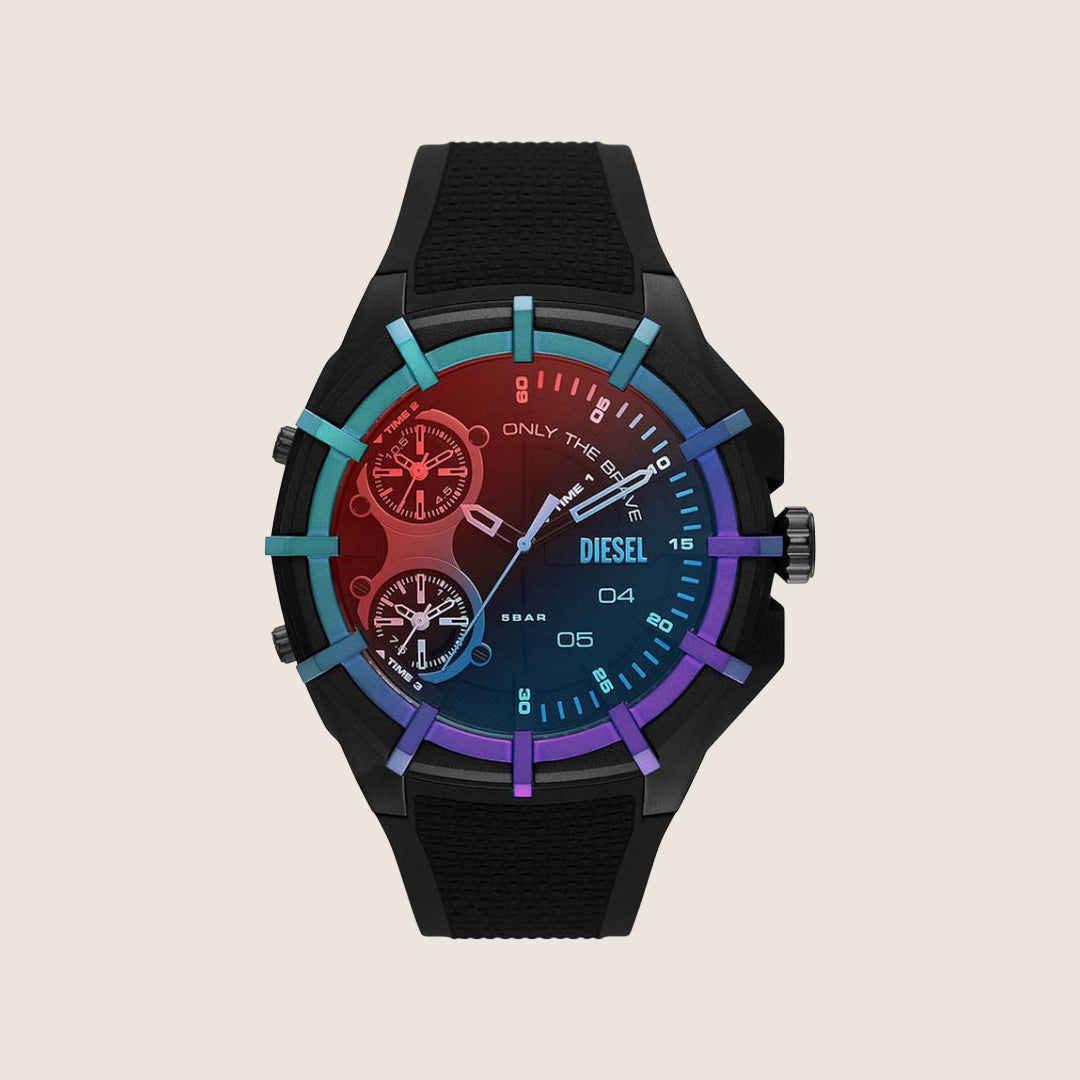 Diesel Mens Framed Analogue Multicolour Dial Black Silicone Strap Watch DZ1986
