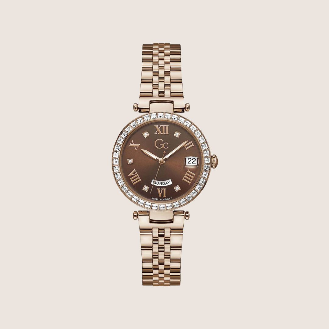 GC Ladies Flair Rose Gold Crystal Set Brown Dial Day Date Watch Z01009L4MF
