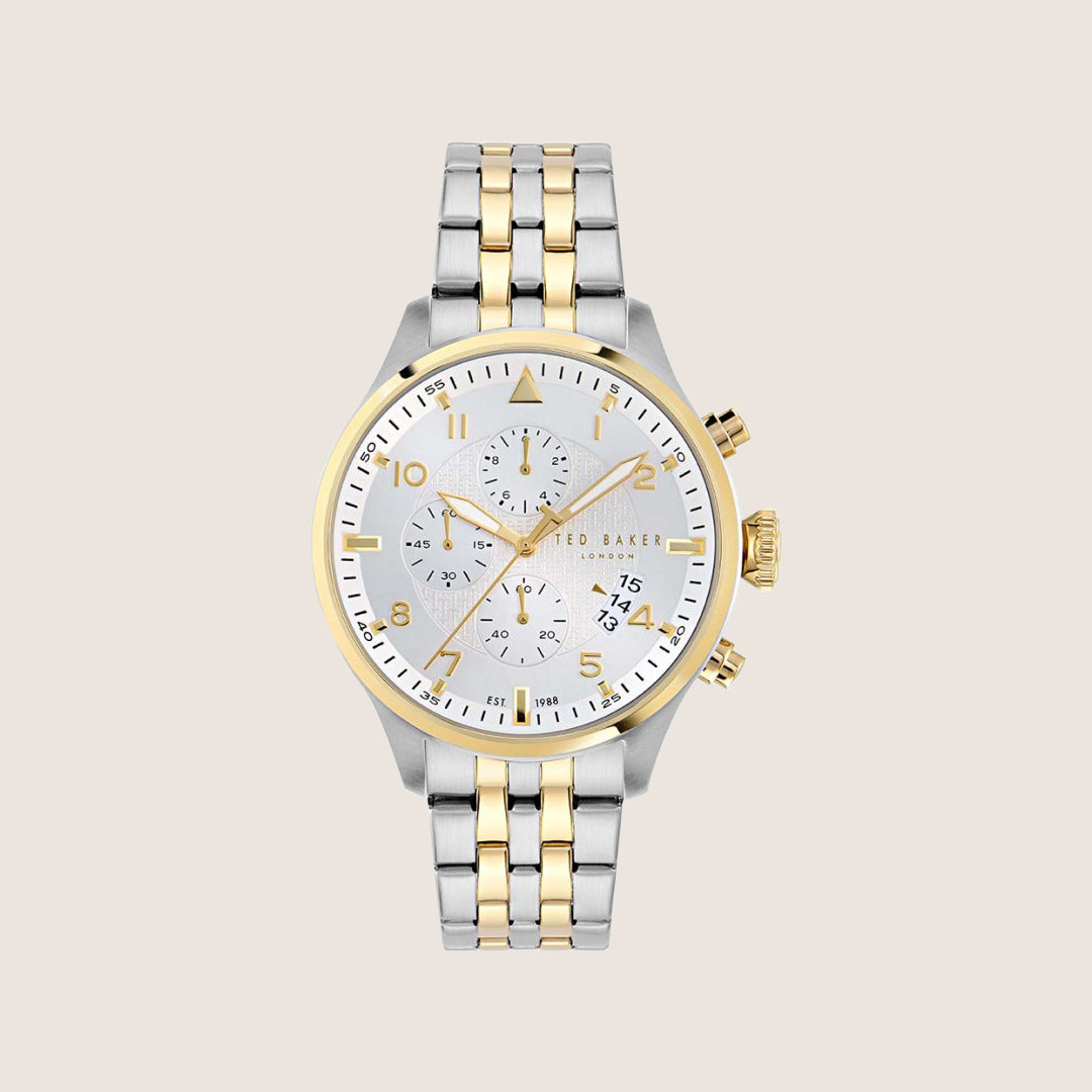 Ted Baker Mens Fulmaar Silver Dial Chronograph Two-Tone Stainless Steel Bracelet Watch BKPFMF409