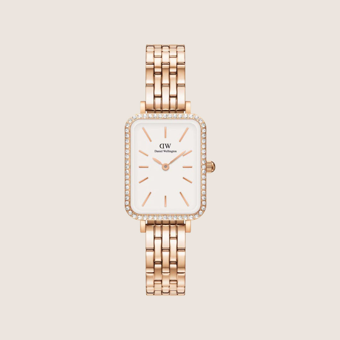 Daniel Wellington Women's Quadro Lumine Rose Gold Crystal White Dial Watch DW00100672