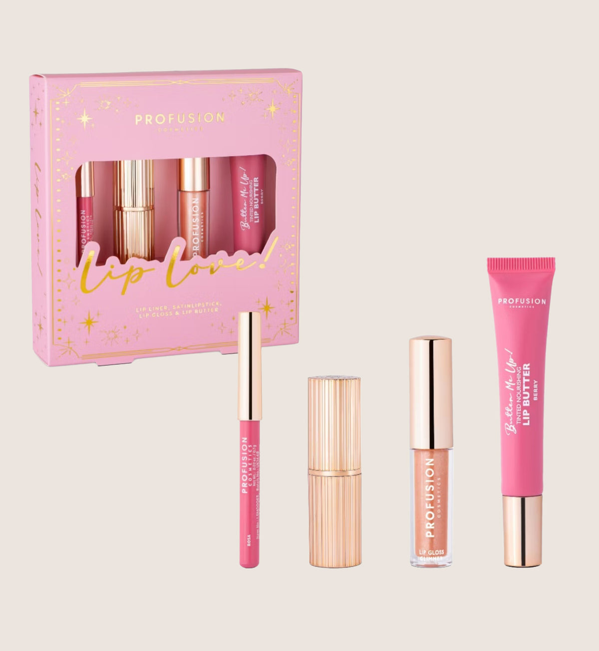 Profusion Lip Loved Lipstick Lip Oil Lip Liner And Lip Butter Assorted Beauty Gift Set For Her