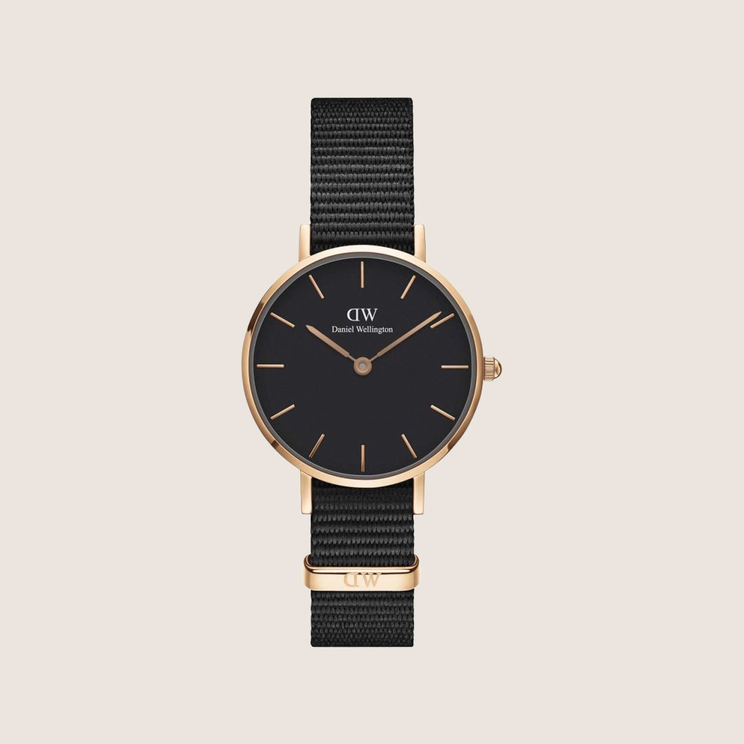 Daniel Wellington Women's Petite Black Cornwall Rose Gold Textile Black Dial Watch DW00100247