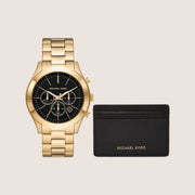 Michael Kors Men's Runway Chronograph Watch and Card Case Gift Set Gold Black Dial MK1076SET