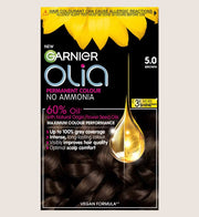 Garnier Olia 5.0 Brown: 100% Grey Coverage, No Ammonia, providing vibrant, lasting color