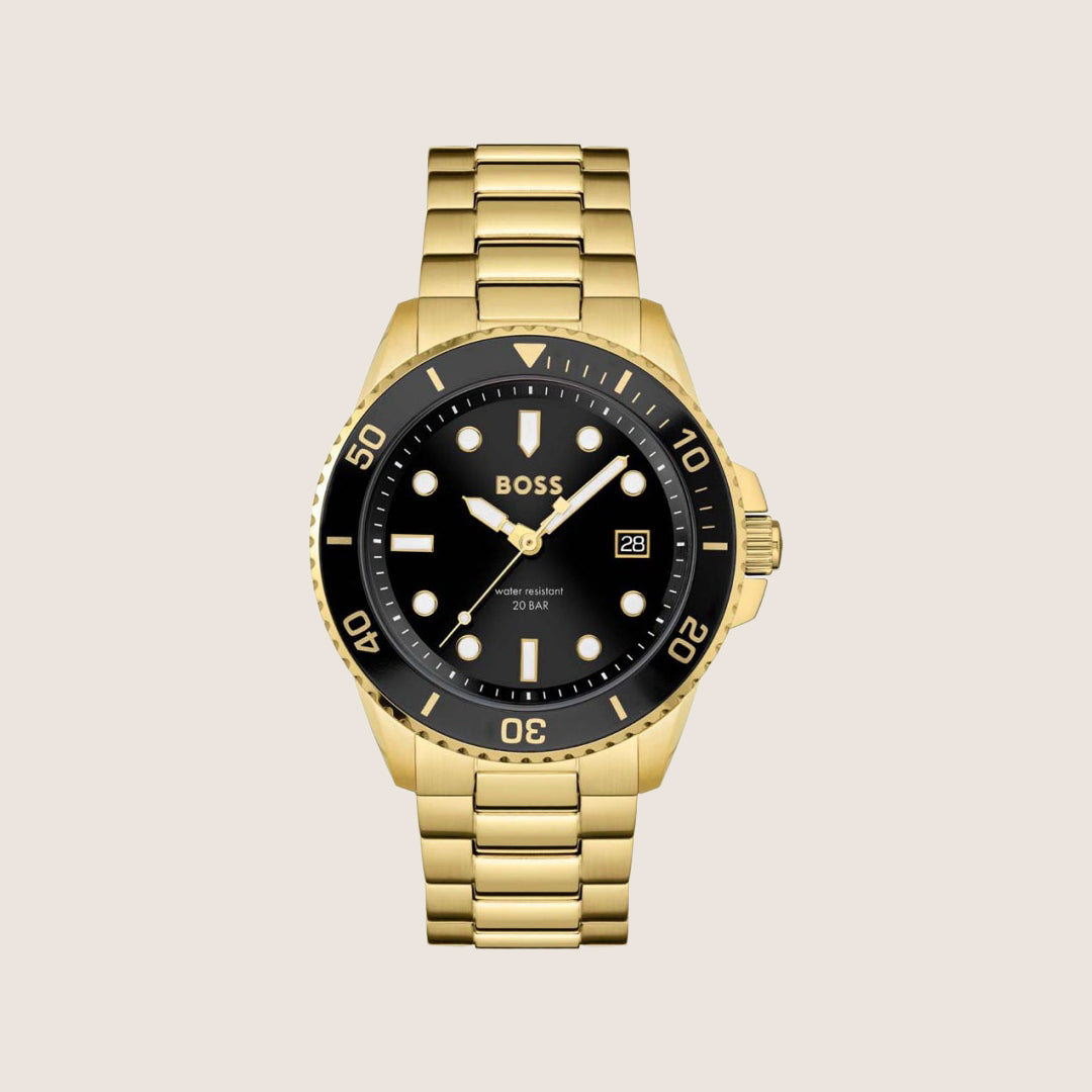 BOSS Men's Ace Black Dial Gold Bracelet 200m Watch 1513917
