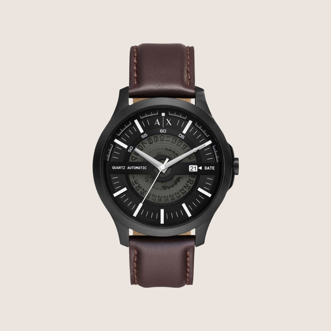 Armani Exchange Men's Dress Watch Black Dial Brown Leather Strap AX2446
