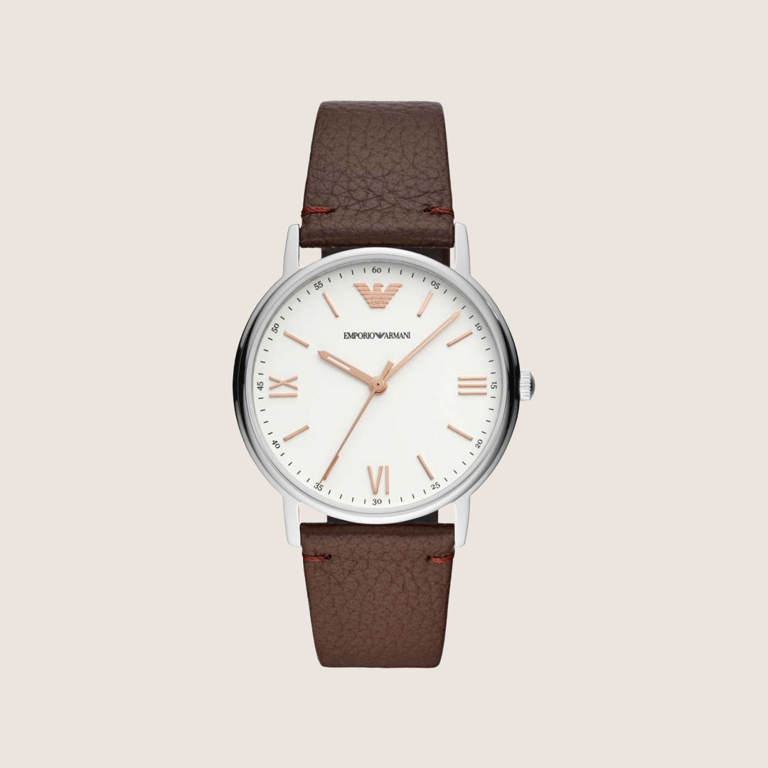Emporio Armani Men's Watch White Dial Brown Leather Strap AR11173
