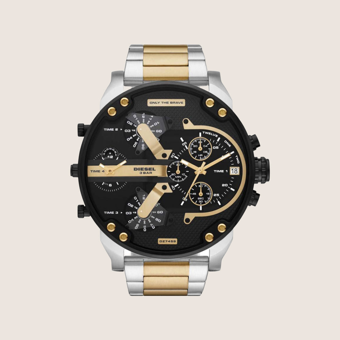 Diesel Mens Mr Daddy 2.0 Chronograph Black Dial Two-Tone Steel Bracelet Watch DZ7459