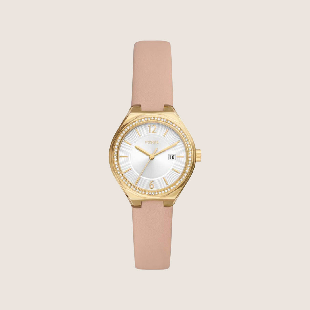 Fossil Women's Eevie Gold Silver Dial Pink Leather Strap Date Analogue Watch BQ3804