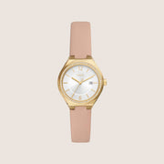 Fossil Women's Eevie Gold Silver Dial Pink Leather Strap Date Analogue Watch BQ3804