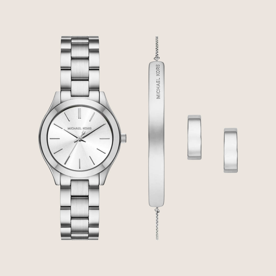 Michael Kors Women's Slim Runway Silver Dial Gift Set Watch MK7563SET
