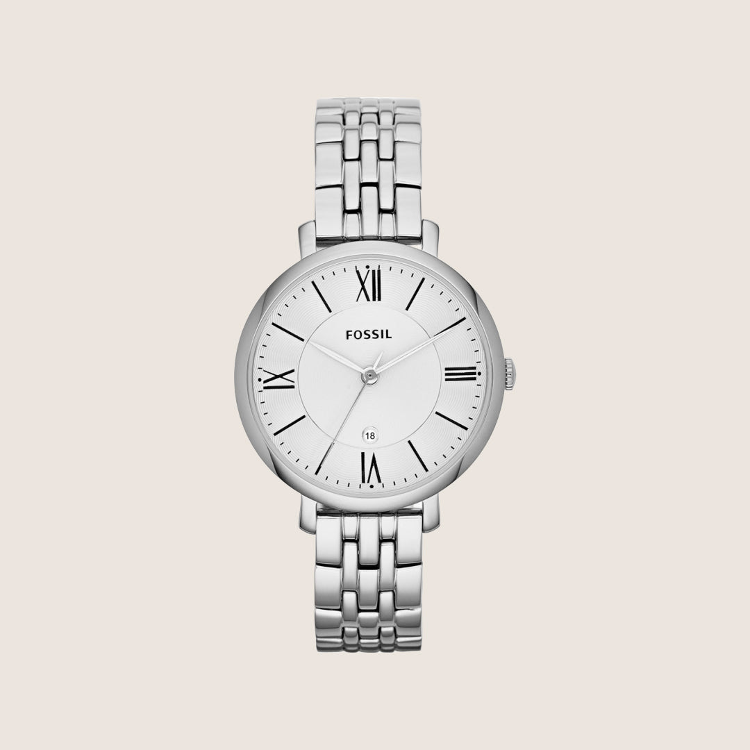 Fossil Women's Jacqueline Silver Tone Steel Bracelet Date Watch ES3433