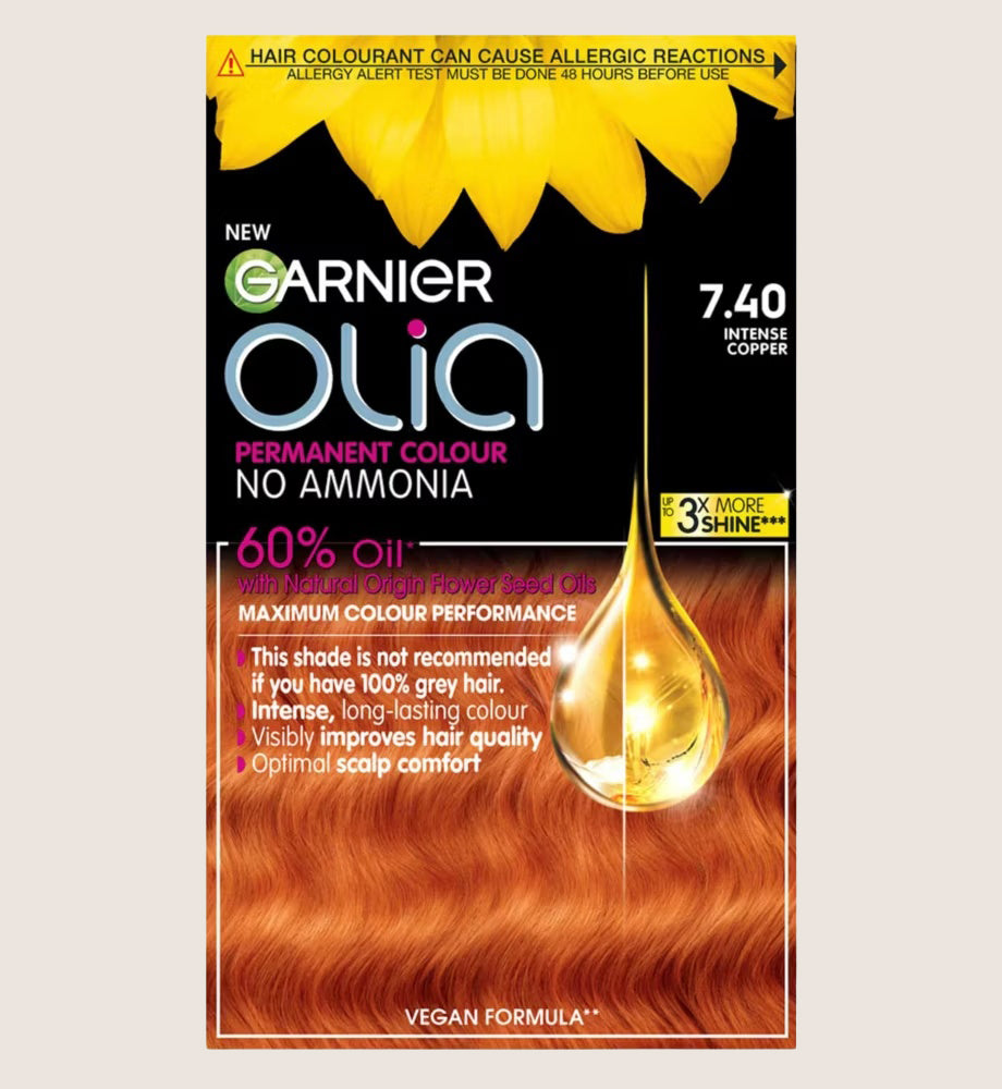 Garnier Olia 7.40 Intense Copper: 100% Grey Coverage, No Ammonia, for a vibrant, fiery hue
