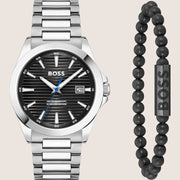 BOSS Men's Strike Black Dial Silver Steel Watch and Bracelet Gift Set 1570180