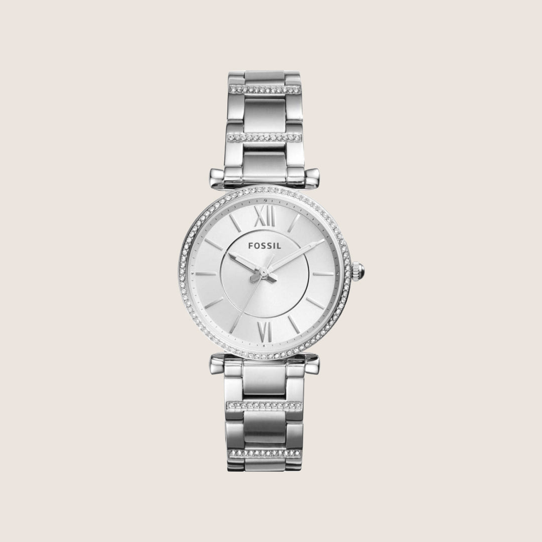 Fossil Women's Carlie Silver Crystal Bracelet Analogue Watch ES4341
