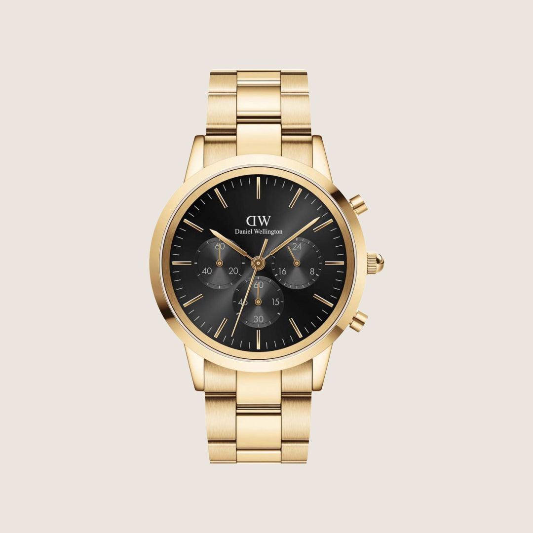 Daniel Wellington Mens Iconic Chronograph Gold Black Dial 42mm Watch DW00100...