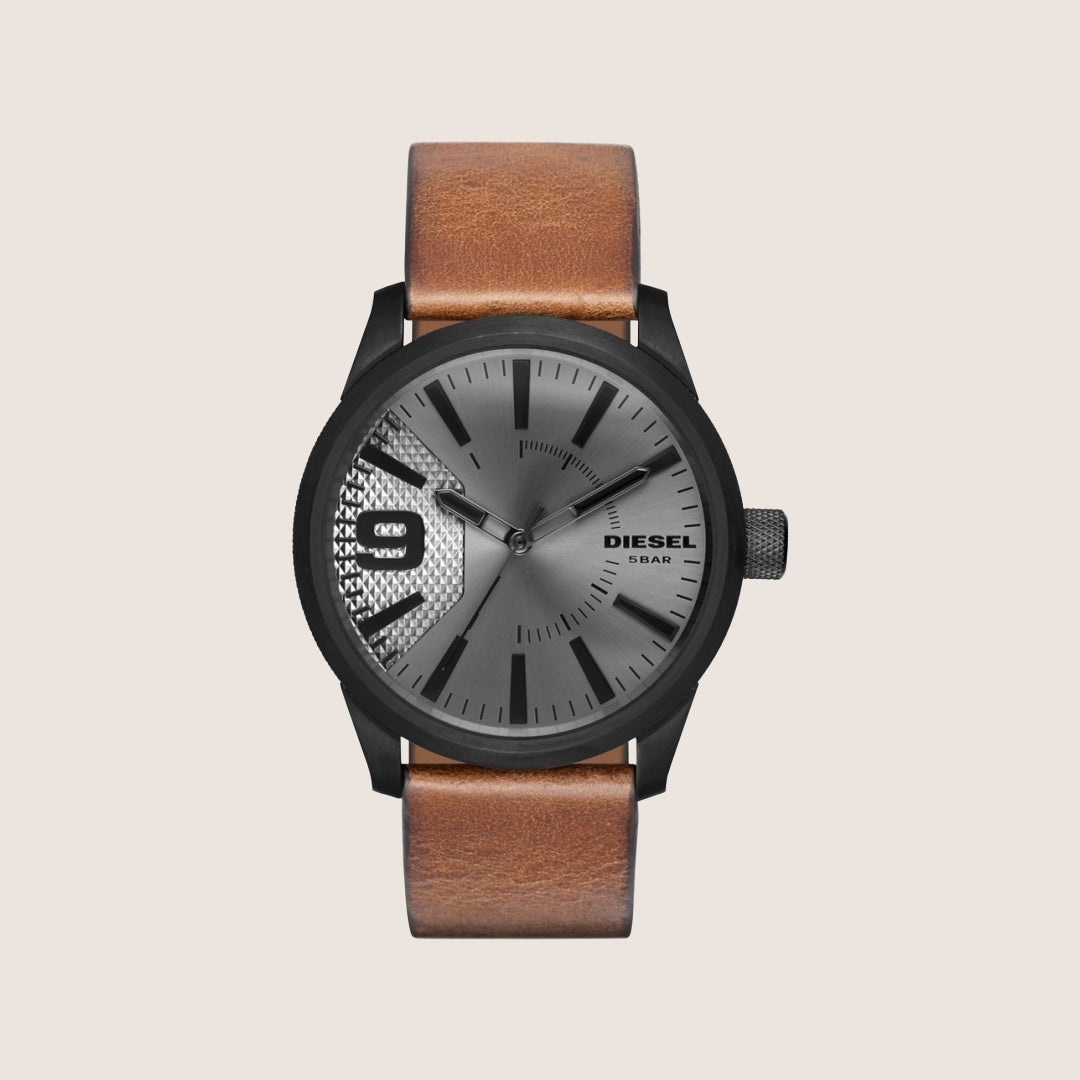 Diesel Mens RASP Analogue Gunmetal Dial Brown Leather Strap Watch DZ1764