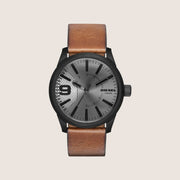 Diesel Mens RASP Analogue Gunmetal Dial Brown Leather Strap Watch DZ1764