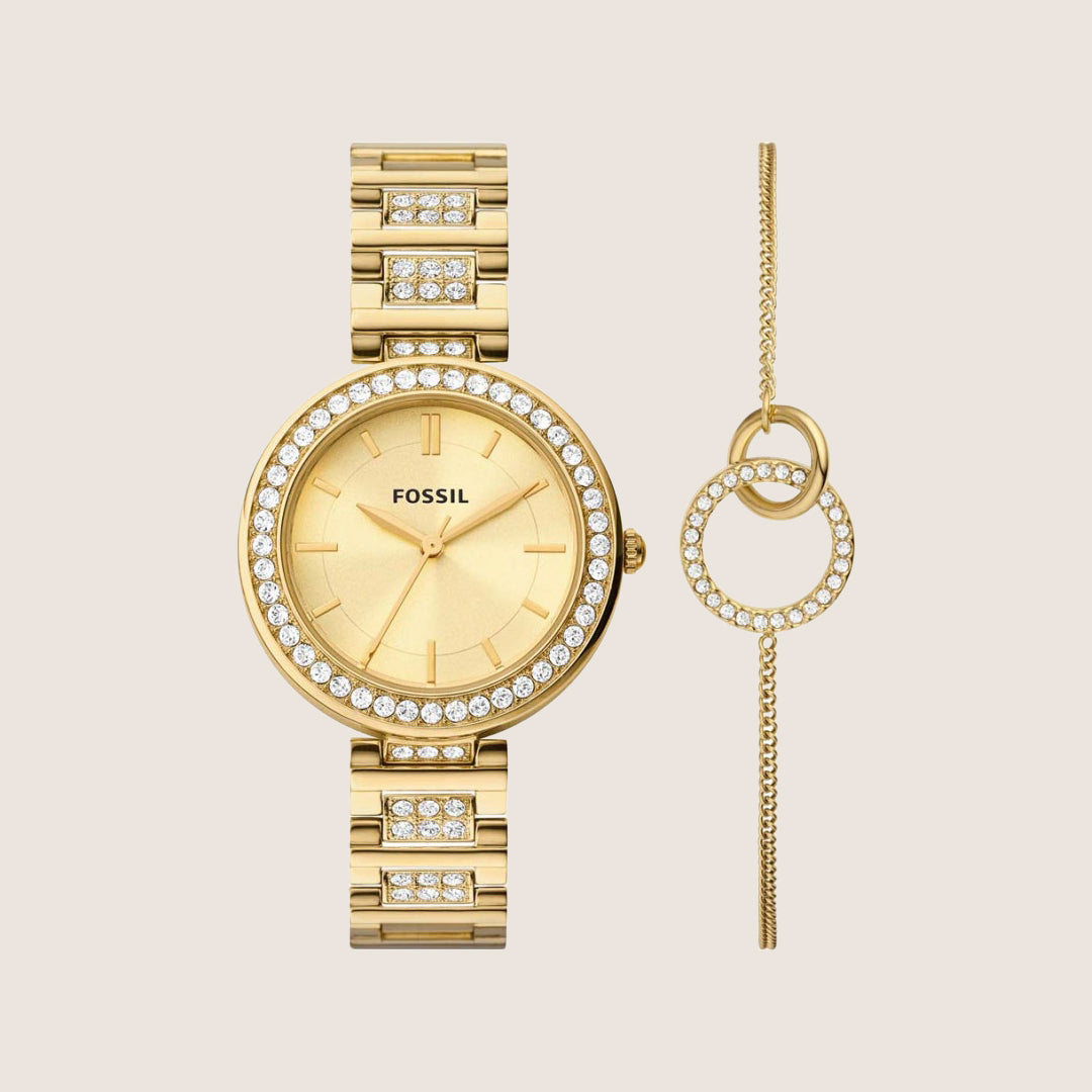 Fossil Women's Karli Gold Crystal Bracelet Watch & Gift Set BQ3903SET
