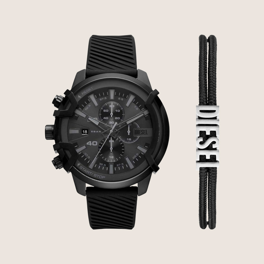 Diesel Mens Griffed Chronograph Black Dial Black Silicone Strap Watch & Bracelet Gift Set DZ4650SET