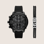 Diesel Mens Griffed Chronograph Black Dial Black Silicone Strap Watch & Bracelet Gift Set DZ4650SET