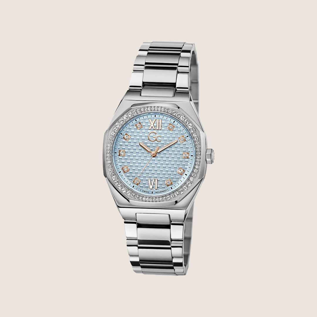 GC Ladies Silver Bracelet Crystal Set Blue Octagon Dial Swiss Watch Z25003L7MF