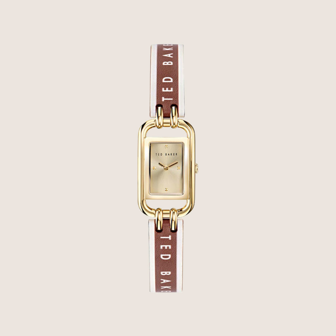 Ted Baker Ladies Tessye Gold Brown Leather Strap Rectangle Watch BKPTTS410
