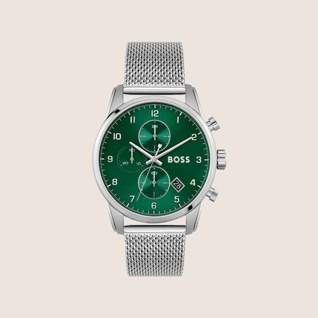 BOSS Men's Green Dial Arabic Numeral Silver Bracelet Watch 1513938