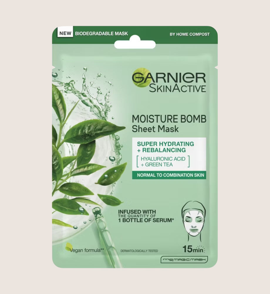 Garnier Moisture Bomb Green Tea and Hyaluronic Acid Sheet Mask Hydrating & Rebalancing Face Mask With Hyaluronic Acid