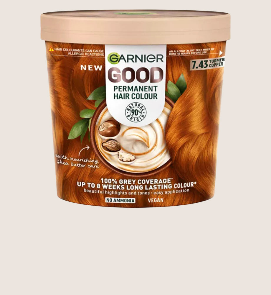 Garnier GOOD Permanent Hair Dye (Shade: 7.43 Tumeric Copper) for vibrant, long-lasting colour