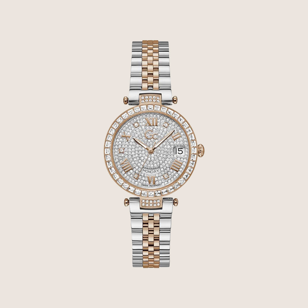 GC Ladies Flair Rose Gold Stone Set Day Date White Dial Dress Watch Z01014L1MF
