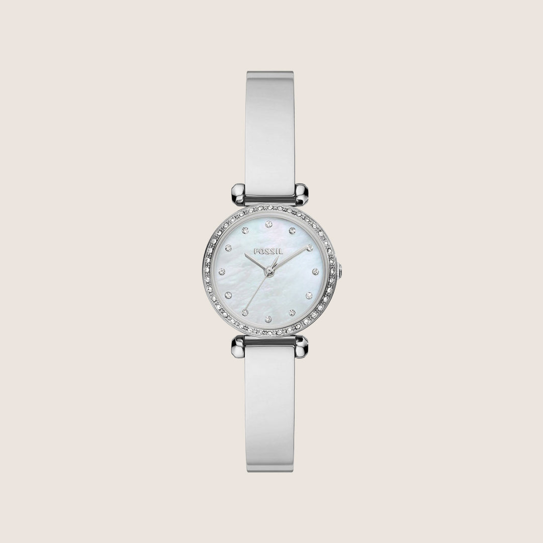 Fossil Women's Tillie Silver Mother-of-Pearl Crystal Bangle Analogue Watch BQ3893