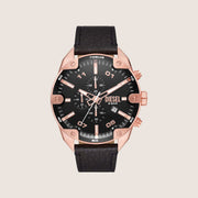 Diesel Mens Spiked Chronograph Black Dial Rose Gold Case Black Leather Strap Watch DZ4607