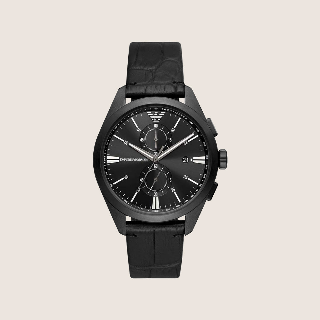 Emporio Armani Men's Watch Black Dial Black Leather Strap Long-Lasting AR11483