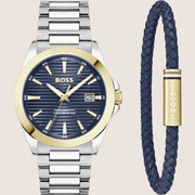 BOSS Men's Strike Blue Dial Silver Steel Watch and Bracelet Gift Set 1570191