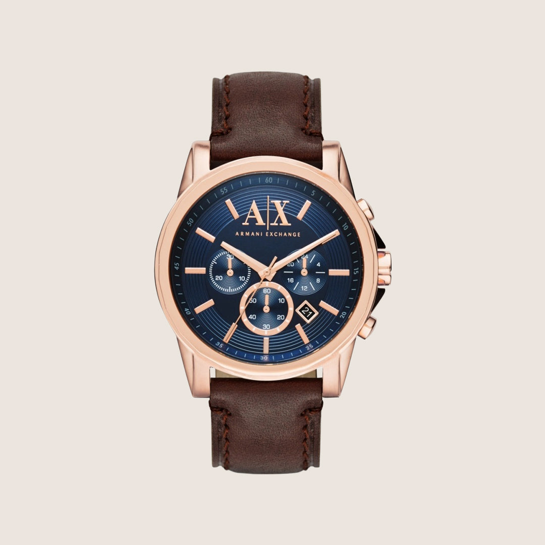 Armani Exchange Men's Dress Watch Rose Gold Case Brown Leather Strap AX2508