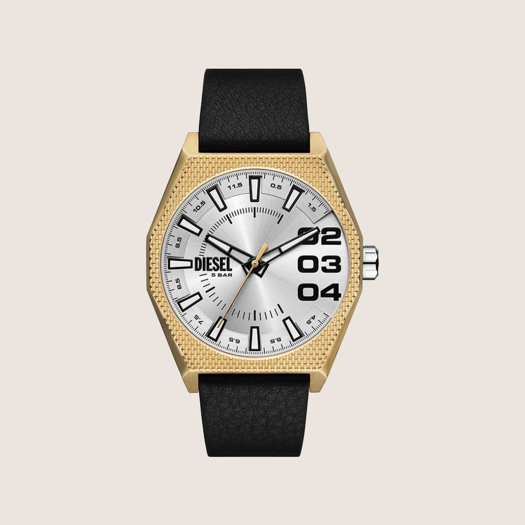 Diesel Mens Scraper Analogue Silver Dial Gold Case Black Leather Strap Watch DZ2219