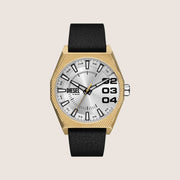 Diesel Mens Scraper Analogue Silver Dial Gold Case Black Leather Strap Watch DZ2219