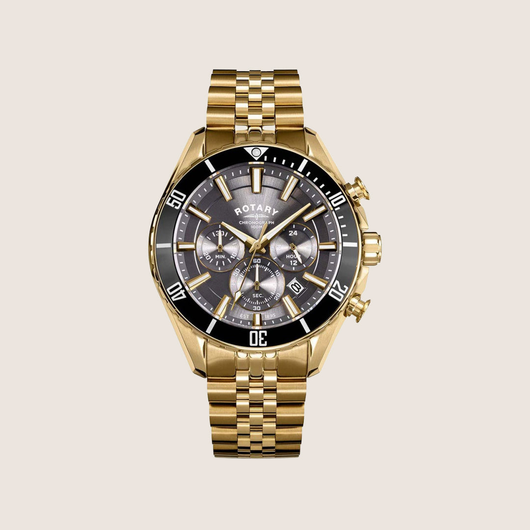 Rotary Mens Apex 100 Chronograph Black Dial Gold Bracelet Designer Watch RGB10014-04