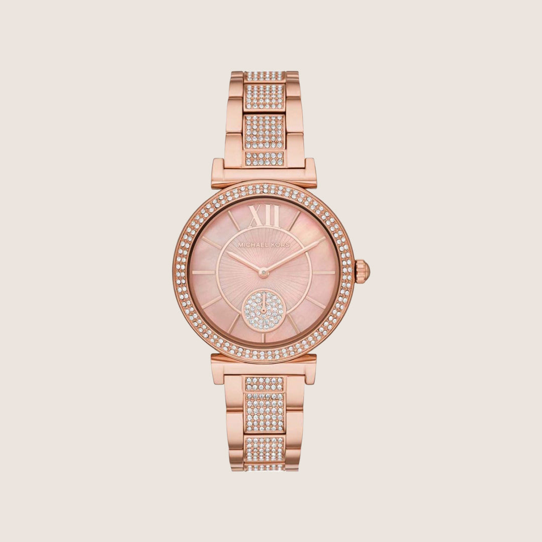 Michael Kors Women's Abbey Clear Stone-Set Pink Dial Watch MK4617