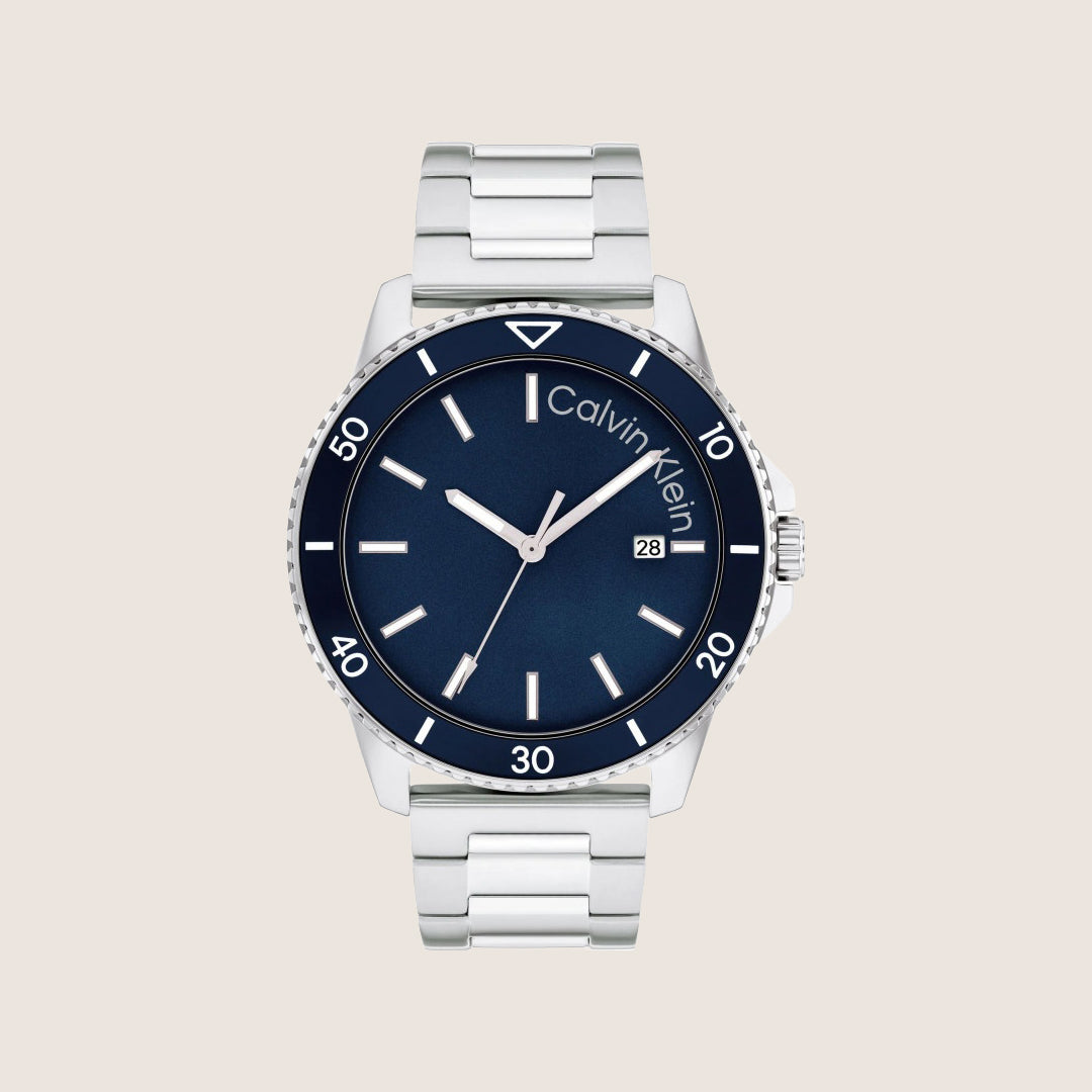 Calvin Klein Men's Watch Silver Bracelet Blue Dial Date 25200385