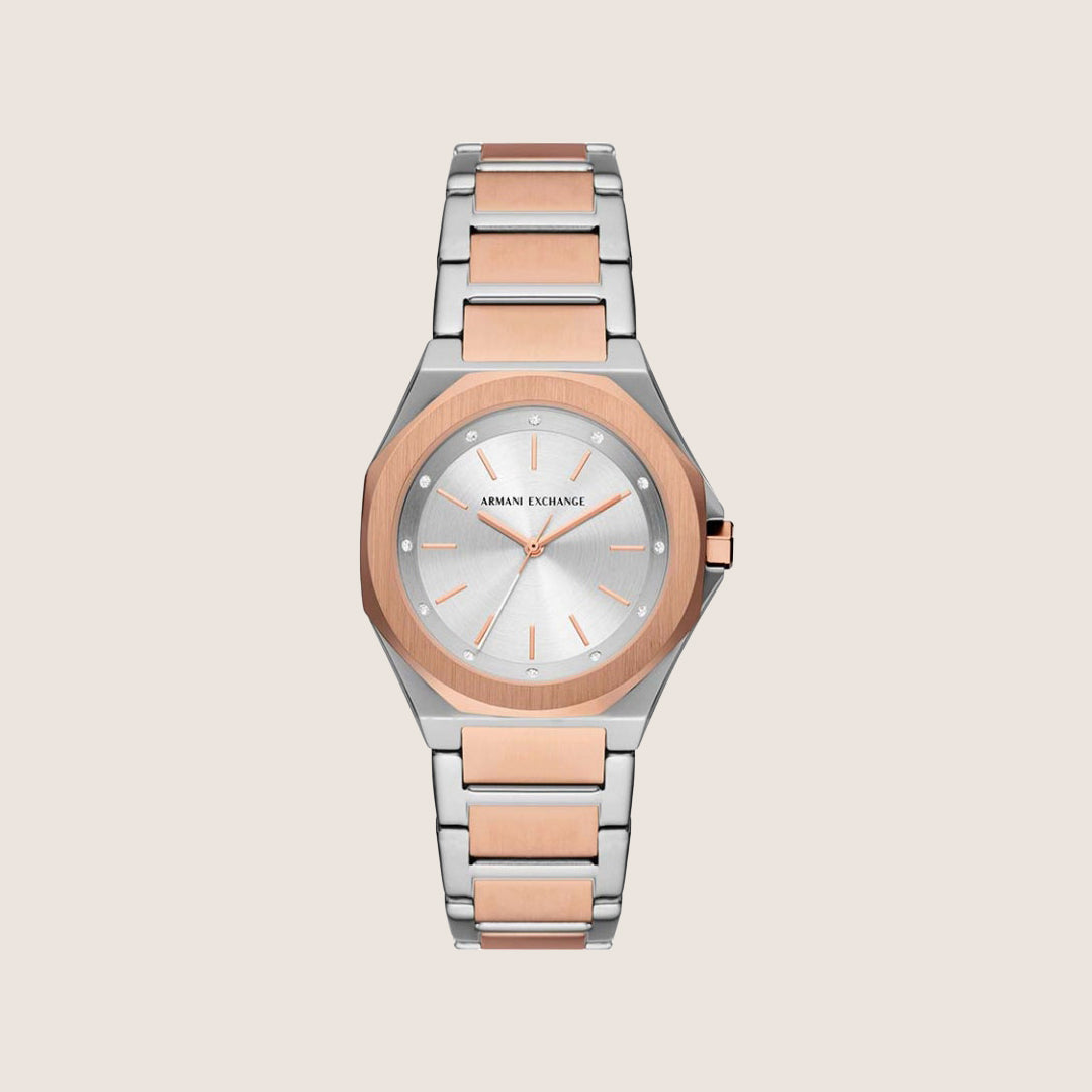 Armani Exchange Women's Dress Watch Two-Tone Bracelet Silver Octagon Dial AX4607