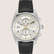 BOSS Men's Chronograph Silver Dial Black Leather Strap Watch 1514147