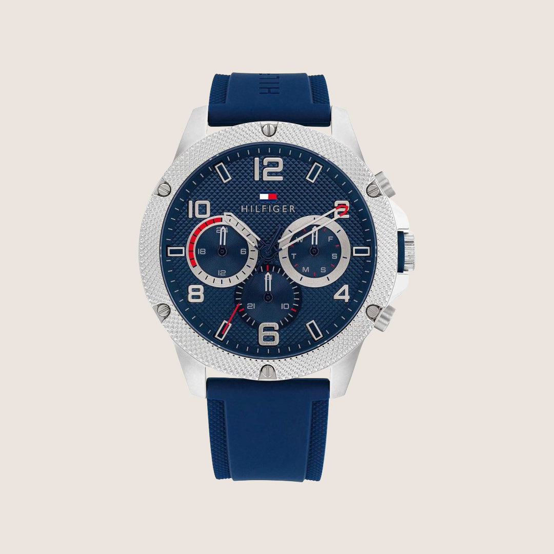 Tommy Hilfiger Men's Watch Blue Dial Day-Date Silicone Strap 1792027