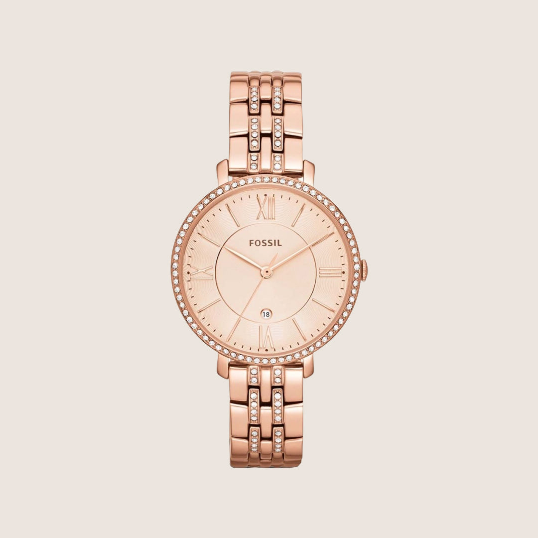 Fossil Women's Jacqueline Rose Gold Tone Steel Date Bracelet Analogue Watch ES3546