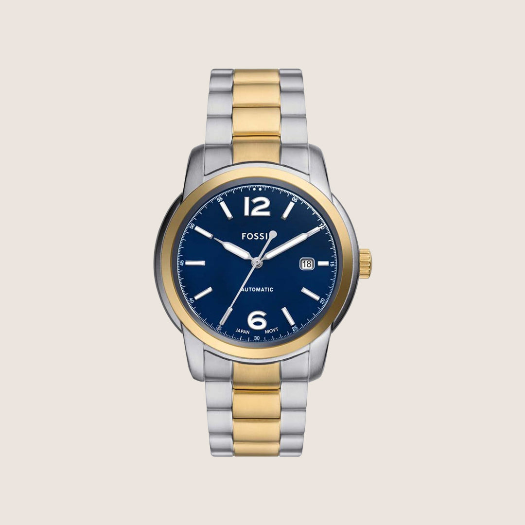 Fossil Mens Heritage Blue Dial Automatic Two Tone Watch ME3230