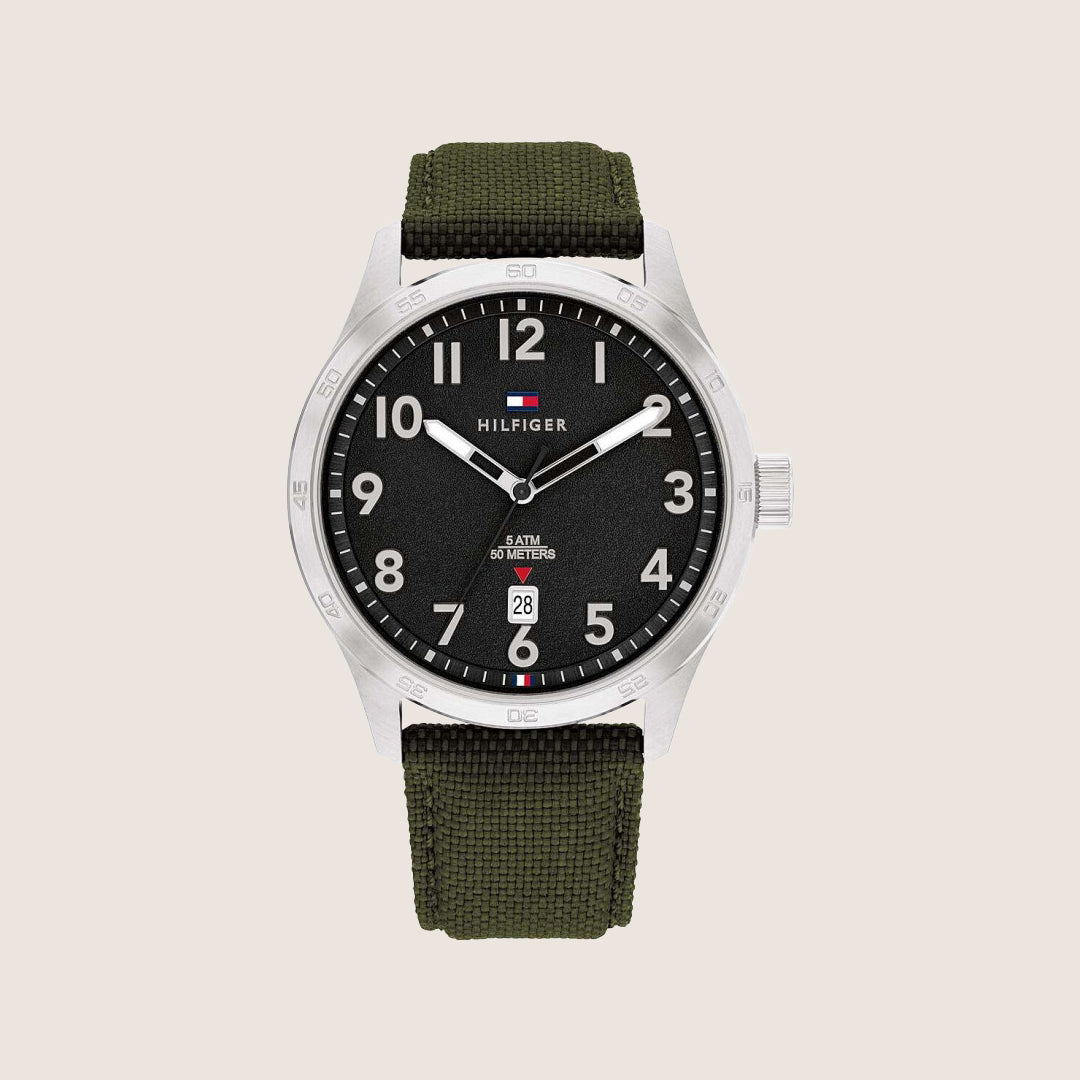 Tommy Hilfiger Men's Forrest Watch Black Dial Green Textile Strap 1710593