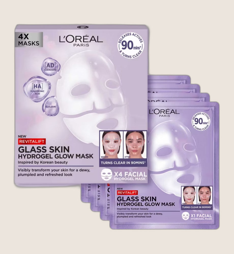 L'Oréal Paris Revitalift Glass Skin Hydrogel Glow Mask 4x, Korean Skincare Inspired Face Masks