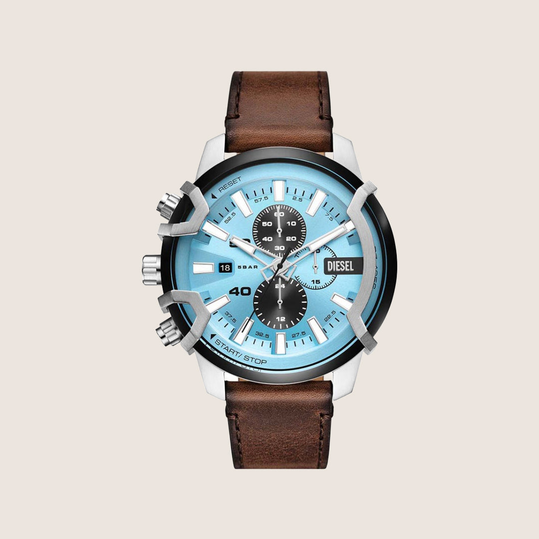 Diesel Mens Griffed Chronograph Blue Dial Brown Leather Strap Watch DZ4656