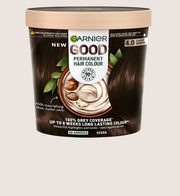Garnier GOOD Permanent Hair Dye (Shade: 4.0 Cacao Brown) for vibrant, long-lasting colour